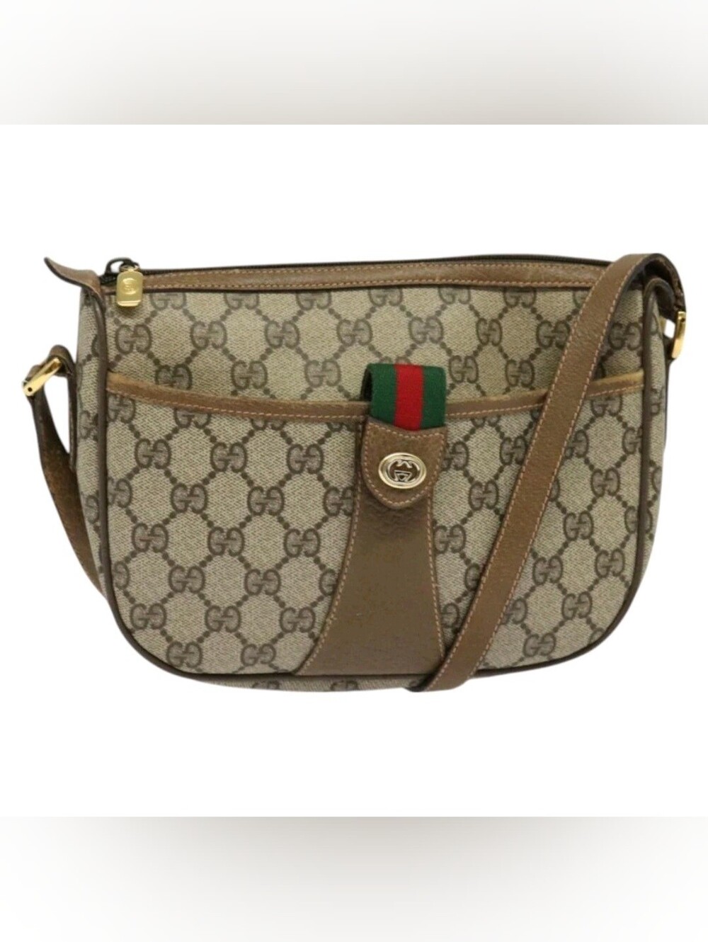 Gucci Shery Line Beige Brown GG Canvas Crossbody with Green-Red Web Accent